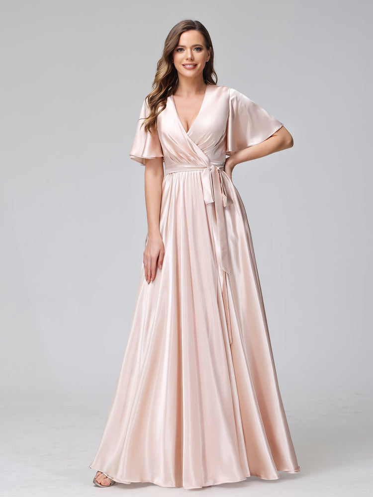 Rust Bridesmaid Dresses A-Line V-Neck Straps Long Stretch Satin Bridesmaid Dresses With Split