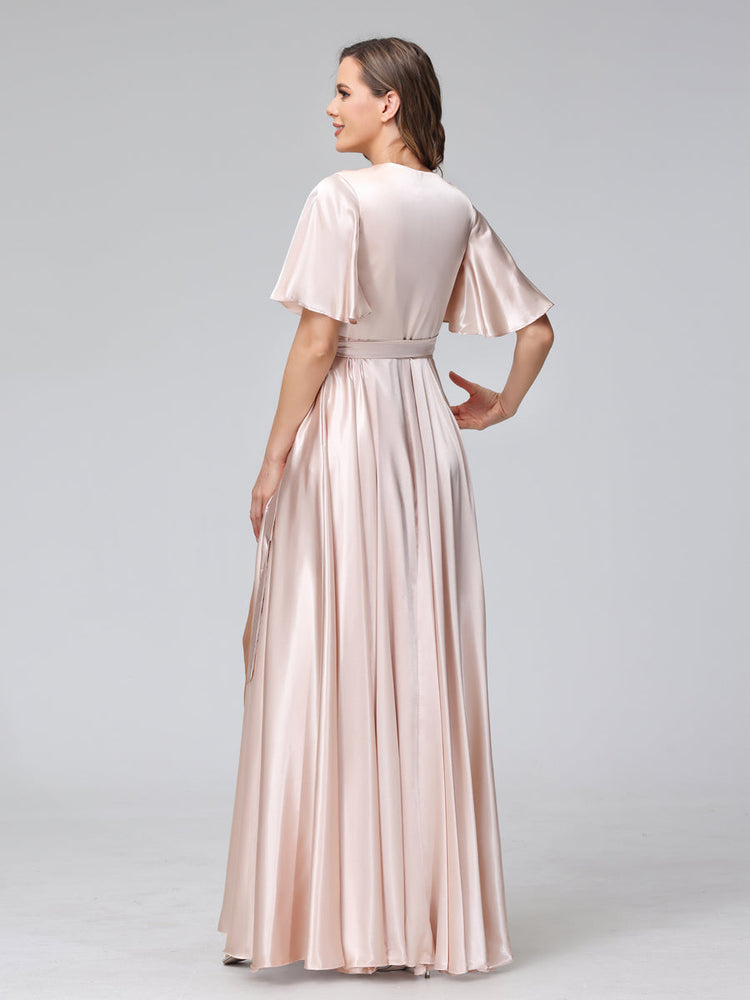 Satin Tulle V Neck Bridesmaid Dresses with Slit