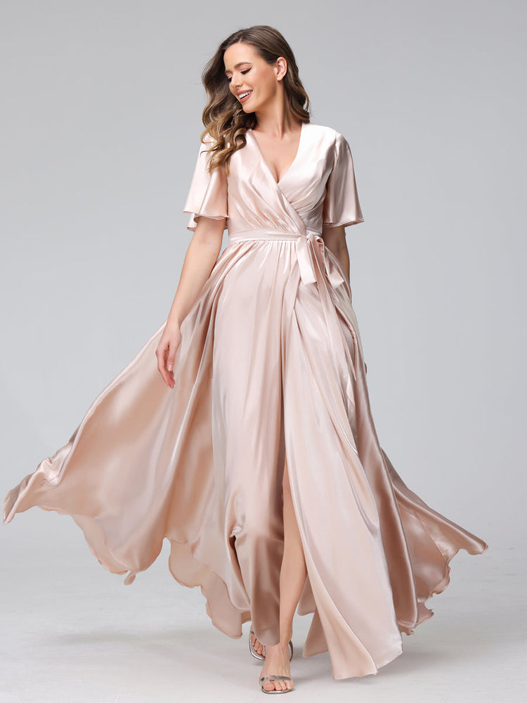 Chic Sheath V Neck Light Grey Silk Satin Tea Length Long Bridesmaid Dresses VK24111401