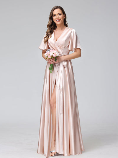 A-Line V-Neck Half Sleeves Long Silk Satin Bridesmaid Dresses With Ruffles Split Side