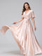 A-Line V-Neck Half Sleeves Long Silk Satin Bridesmaid Dresses With Ruffles Split Side