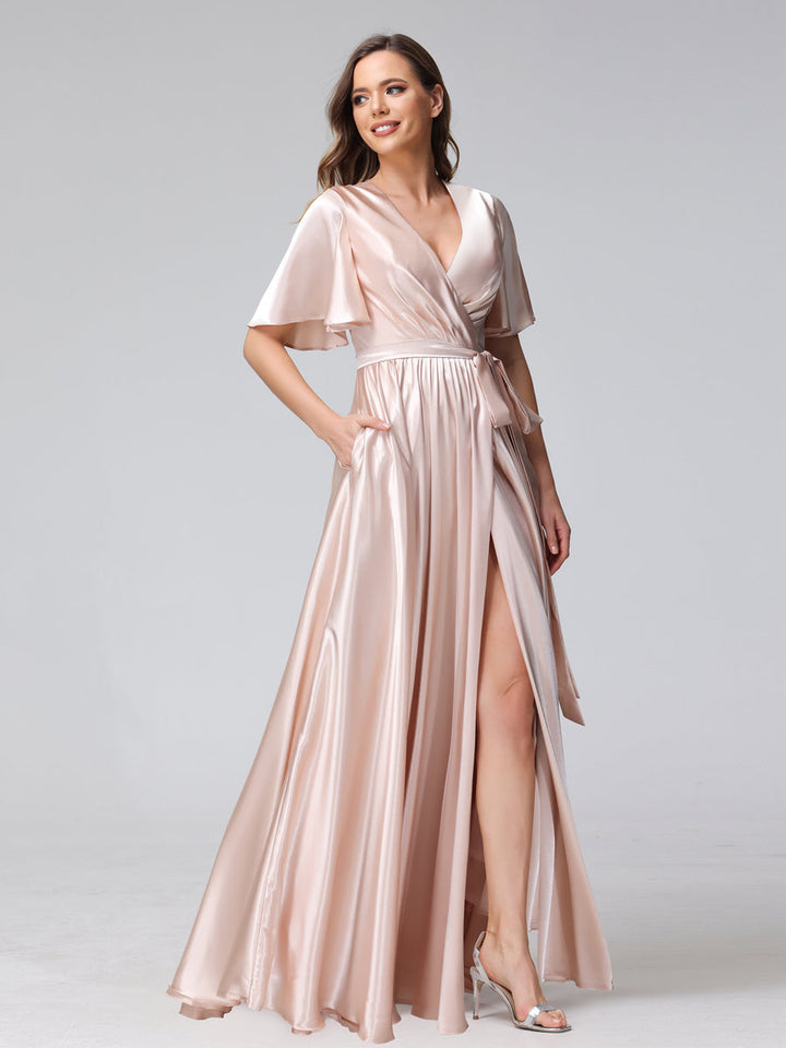 A-Line V-Neck Half Sleeves Long Silk Satin Bridesmaid Dresses With Ruffles Split Side