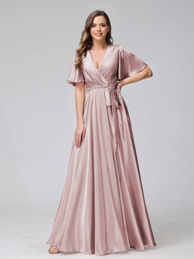 A-Line V-Neck Half Sleeves Long Silk Satin Bridesmaid Dresses With Ruffles Split Side