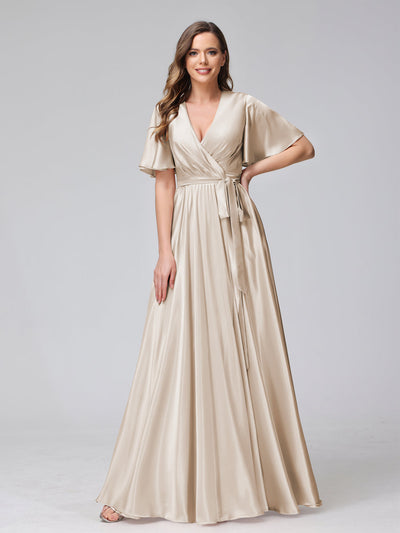 A-Line V-Neck Half Sleeves Long Silk Satin Bridesmaid Dresses With Ruffles Split Side