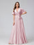 A-Line V-Neck Half Sleeves Long Silk Satin Bridesmaid Dresses With Ruffles Split Side