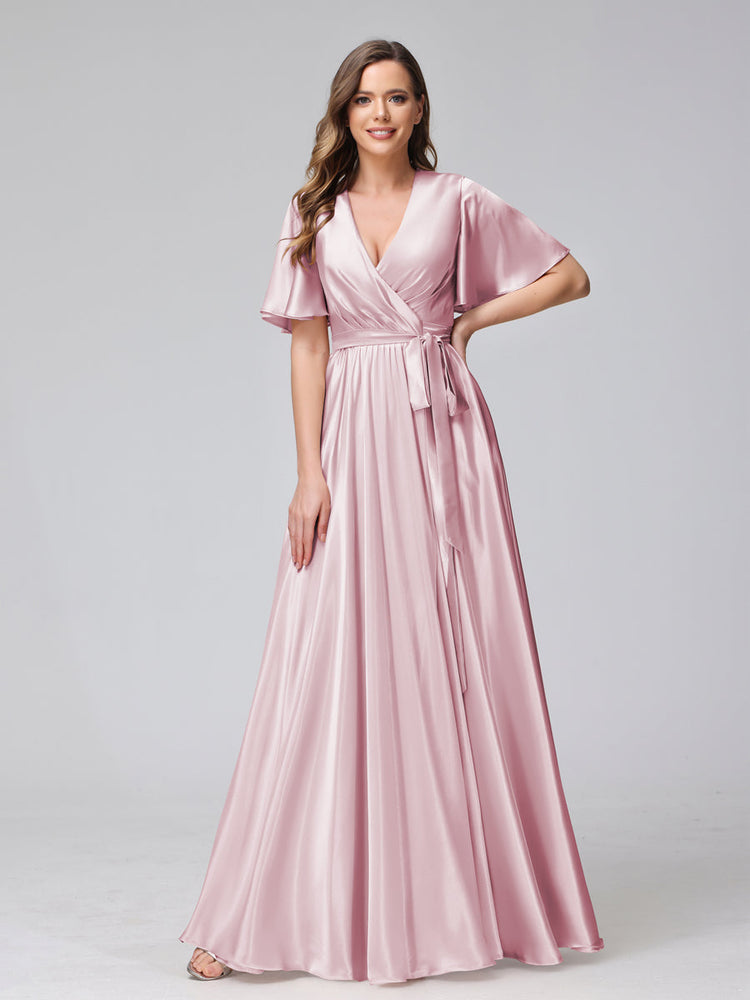V-Neck Ruffles Long Bridesmaid Dress Soft Satin main image 1