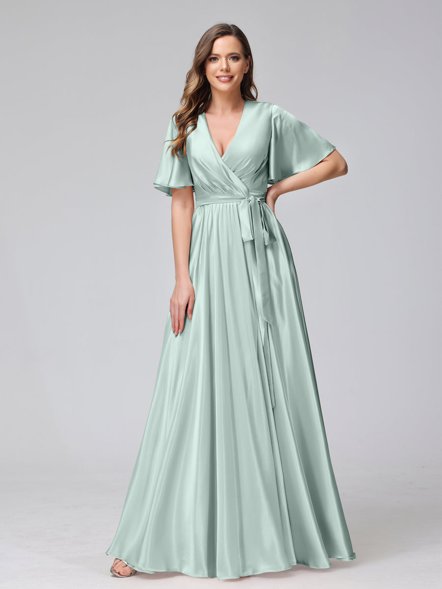 A-Line V-Neck Half Sleeves Long Silk Satin Bridesmaid Dresses With Ruffles Split Side