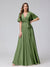 A-Line V-Neck Half Sleeves Long Silk Satin Bridesmaid Dresses With Ruffles Split Side