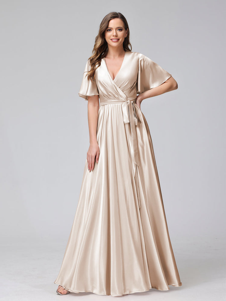A-Line Sleeveless Long Silk Satin Bridesmaid Dresses with Pockets & Split Side