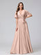 A-Line V-Neck Half Sleeves Long Silk Satin Bridesmaid Dresses With Ruffles Split Side