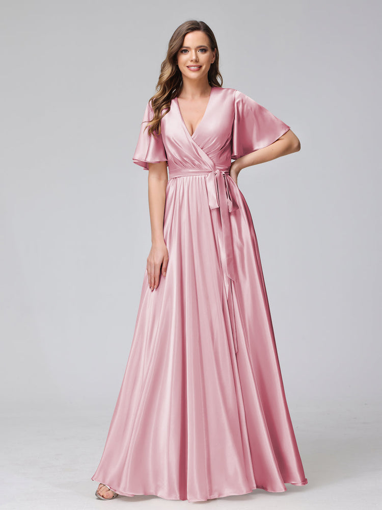 A-Line V-Neck Half Sleeves Floral Bridesmaid Dresses With Pockets & Split Side
