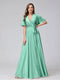 A-Line V-Neck Half Sleeves Long Silk Satin Bridesmaid Dresses With Ruffles Split Side