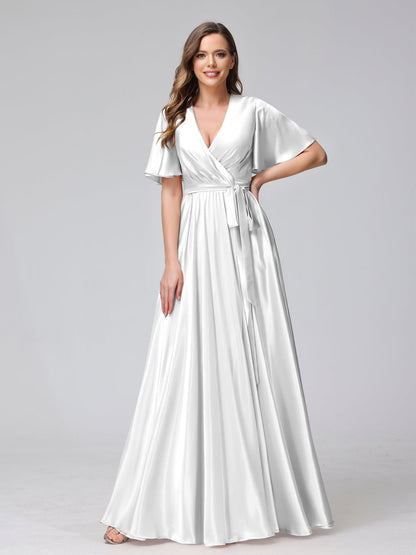 A-Line V-Neck Half Sleeves Long Silk Satin Bridesmaid Dresses With Ruffles Split Side