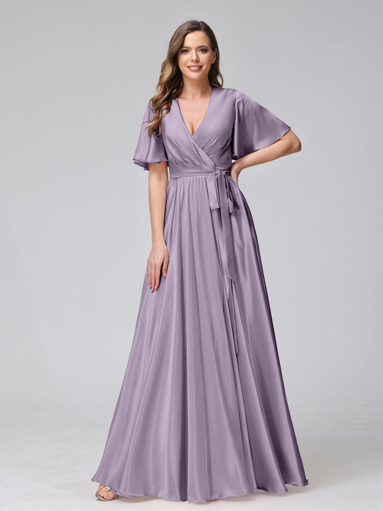 Sheath/Column Strapless Sleeveless Floor-Length Silk Satin Bridesmaid Dresses with Split Side & Ruffles main image 1