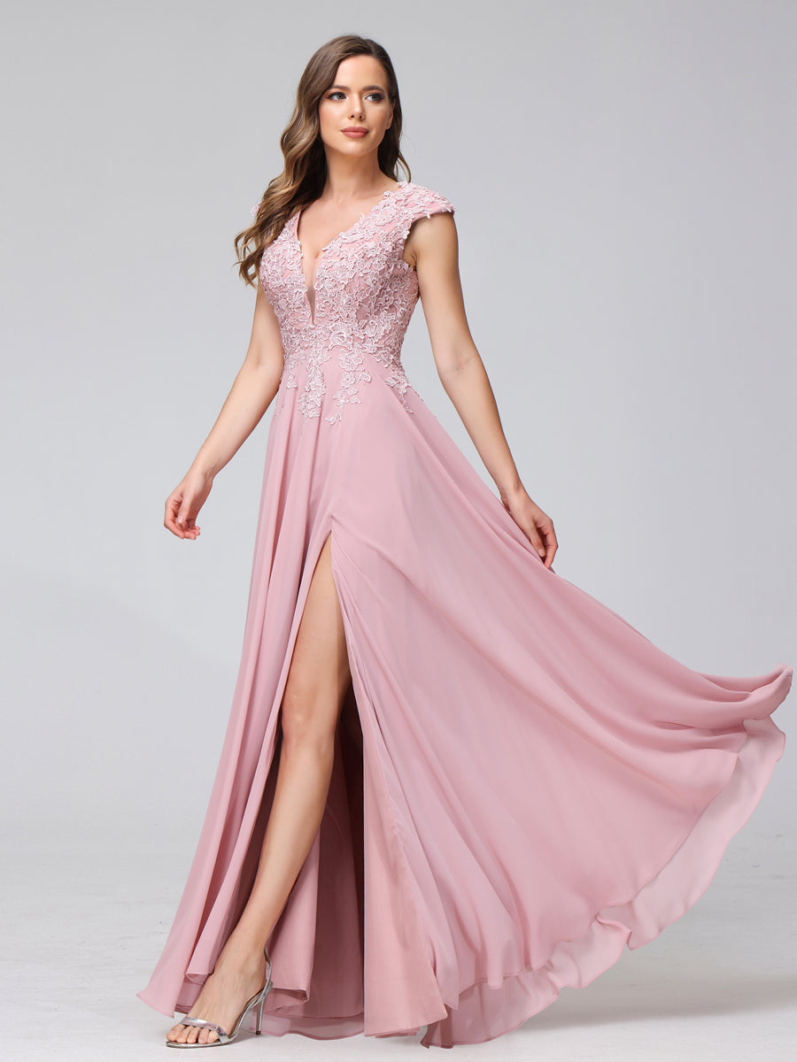 A-Line V-Neck Sleeveless Chiffon Long Bridesmaid Dresses With Applique Split Side