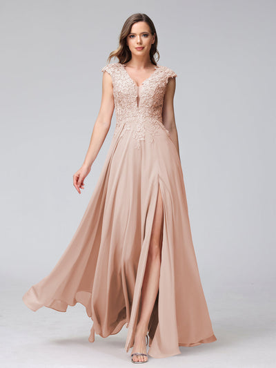 A-Line V-Neck Sleeveless Chiffon Long Bridesmaid Dresses With Applique Split Side