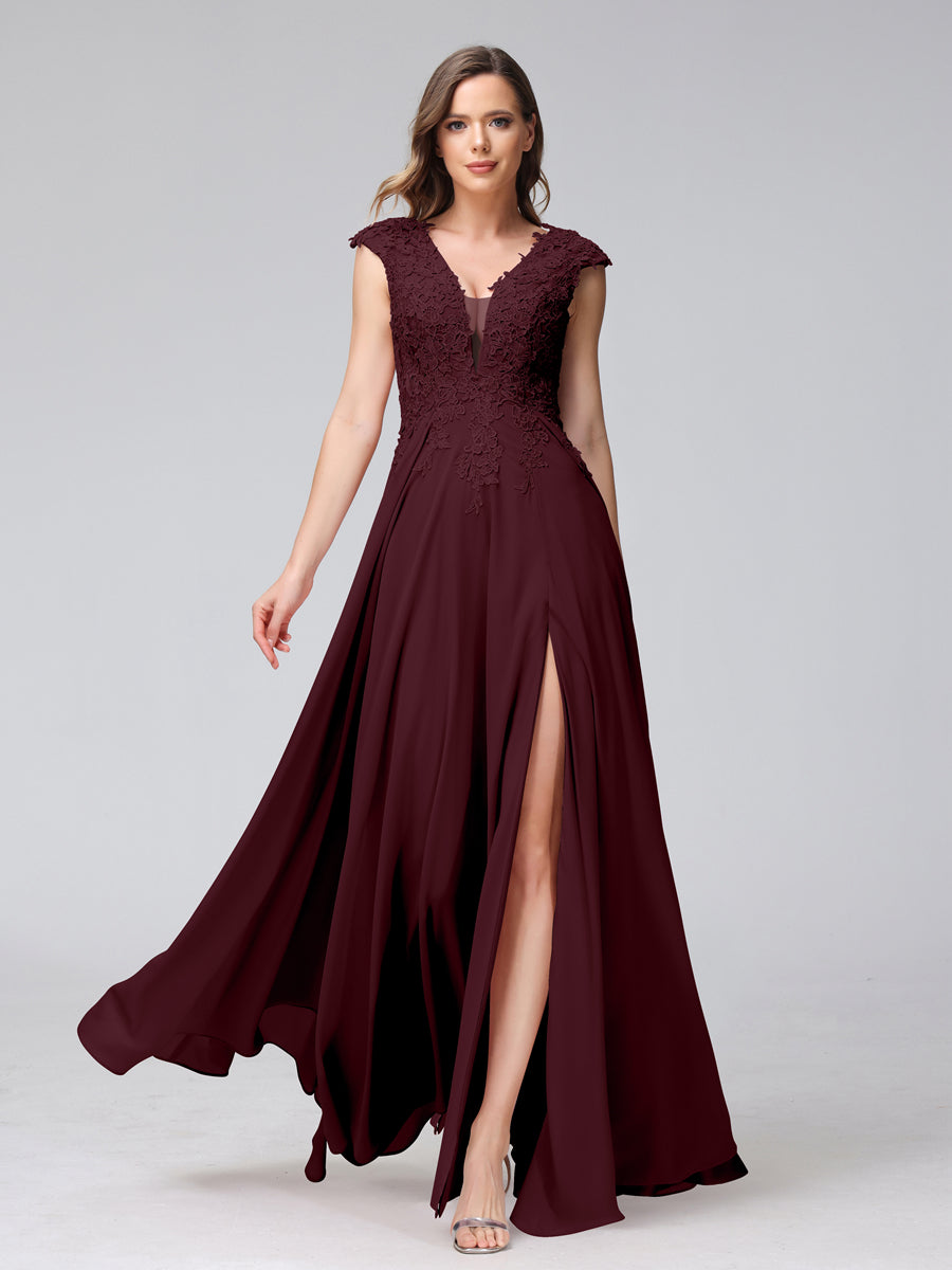 A-Line V-Neck Sleeveless Chiffon Long Bridesmaid Dresses With Applique Split Side