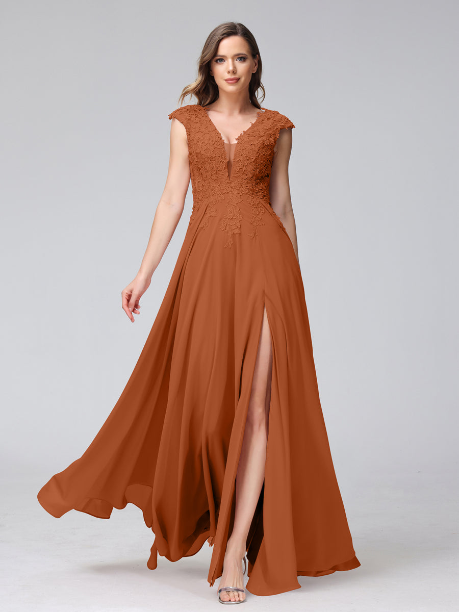 A-Line V-Neck Sleeveless Chiffon Long Bridesmaid Dresses With Applique Split Side