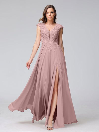 A-Line V-Neck Sleeveless Chiffon Long Bridesmaid Dresses With Applique Split Side