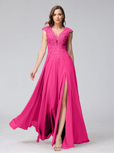 A-Line V-Neck Sleeveless Chiffon Long Bridesmaid Dresses With Applique Split Side