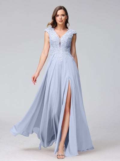 A-Line V-Neck Sleeveless Chiffon Long Bridesmaid Dresses With Applique Split Side