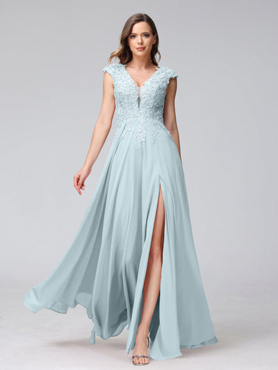A-Line V-Neck Sleeveless Chiffon Long Bridesmaid Dresses With Applique Split Side