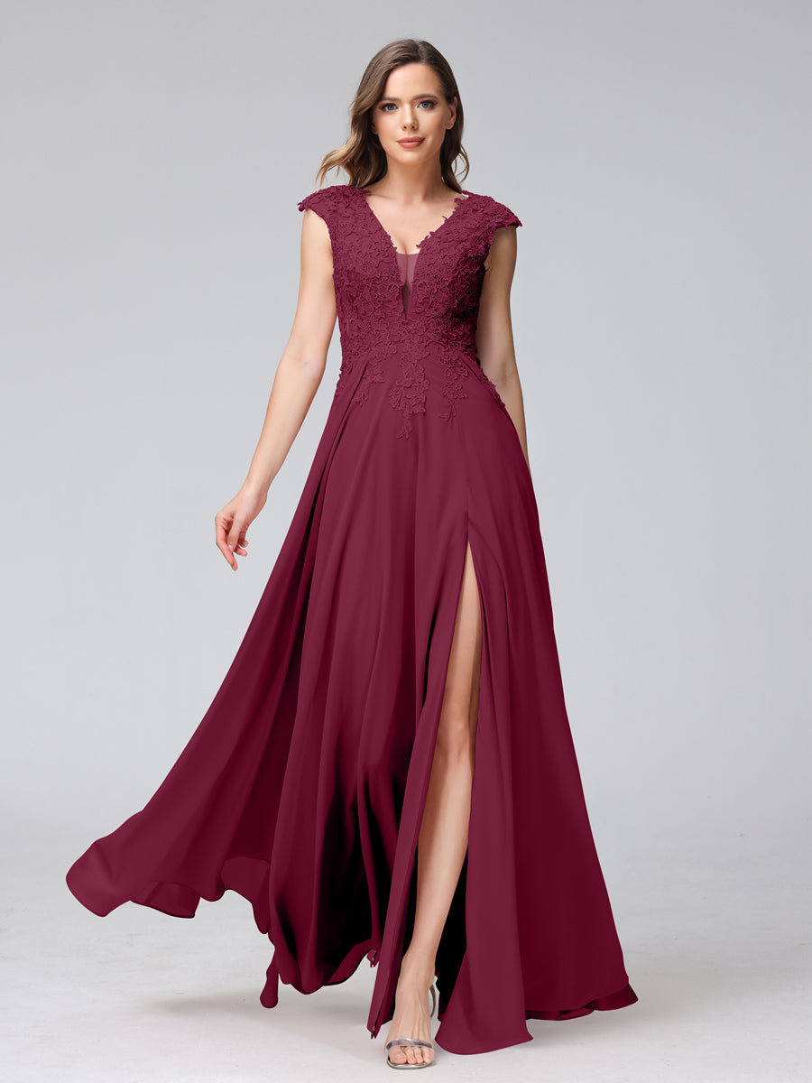 A-Line V-Neck Sleeveless Chiffon Long Bridesmaid Dresses With Applique Split Side