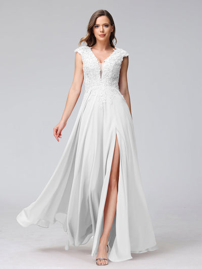 A-Line V-Neck Sleeveless Chiffon Long Bridesmaid Dresses With Applique Split Side