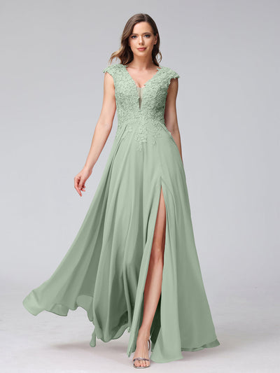 A-Line V-Neck Sleeveless Chiffon Long Bridesmaid Dresses With Applique Split Side