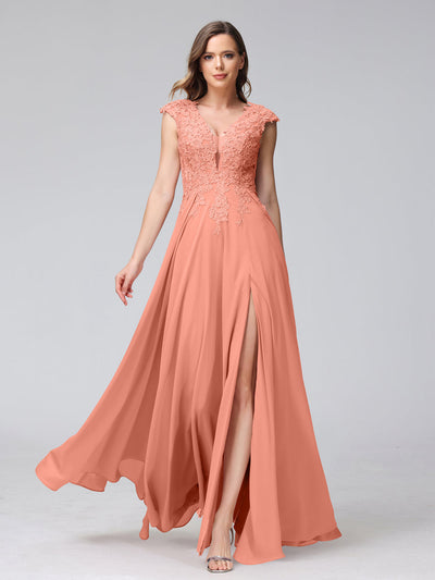 A-Line V-Neck Sleeveless Chiffon Long Bridesmaid Dresses With Applique Split Side