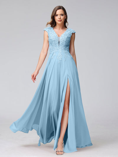 A-Line V-Neck Sleeveless Chiffon Long Bridesmaid Dresses With Applique Split Side