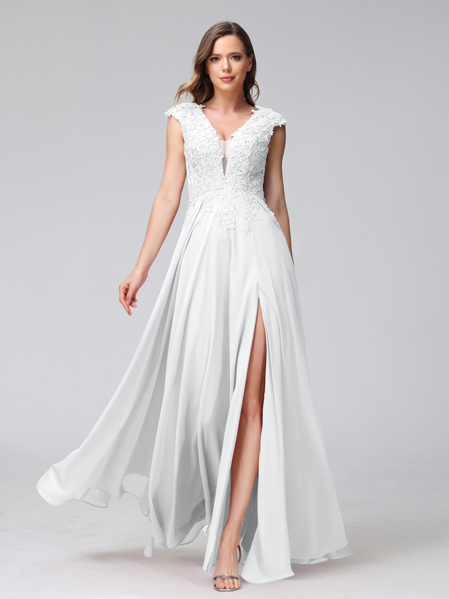 A-Line V-Neck Sleeveless Chiffon Long Bridesmaid Dresses With Applique Split Side