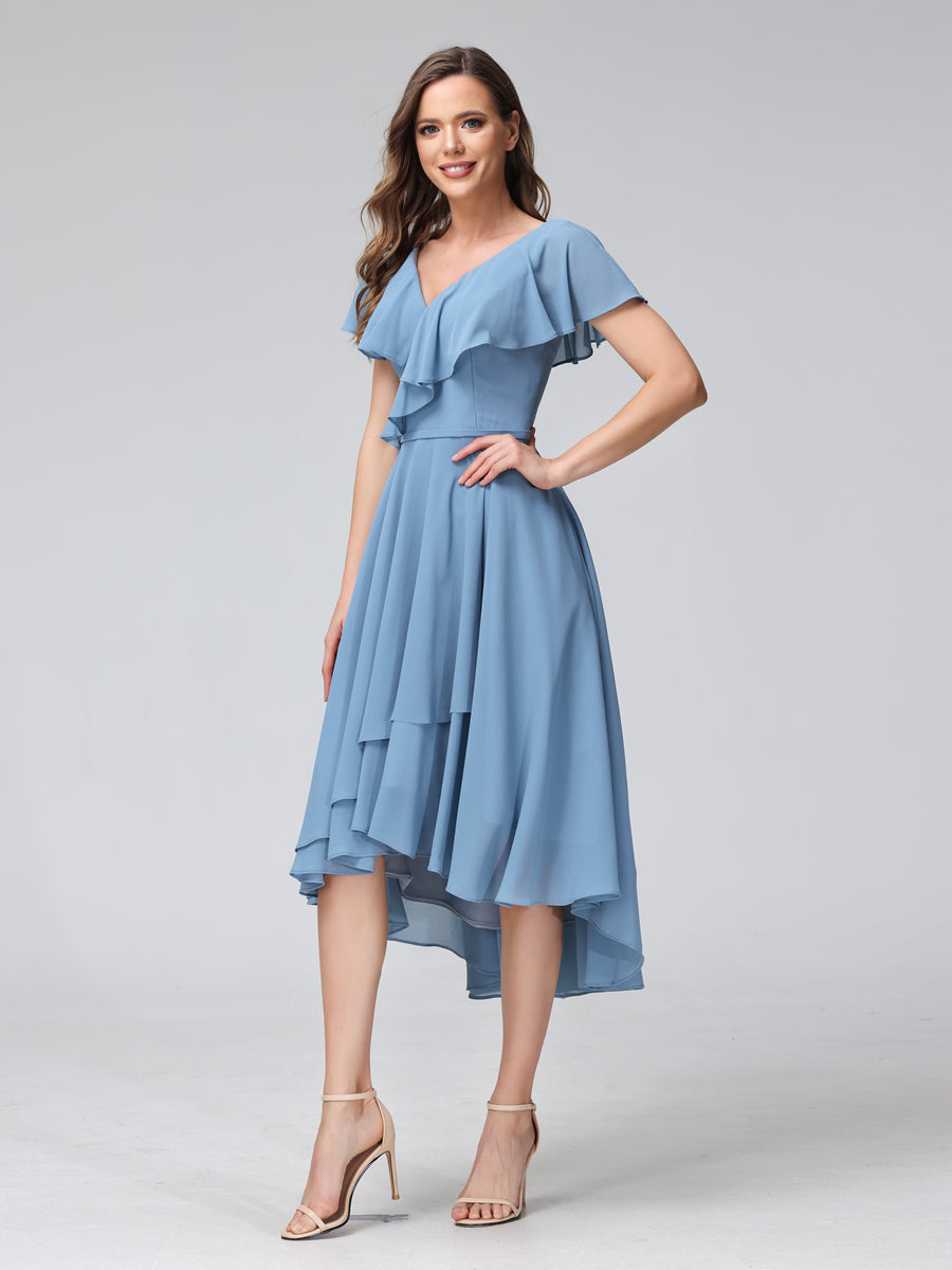 A-Line V-Neck Short Sleeves Asymmetrical Chiffon Bridesmaid Dresses Wi ...