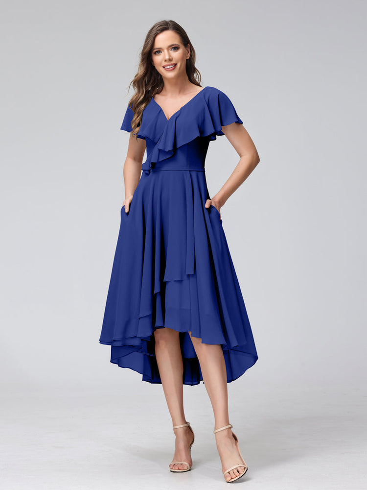 A-Line V-Neck Short Sleeves Asymmetrical Chiffon Bridesmaid Dresses Wi ...