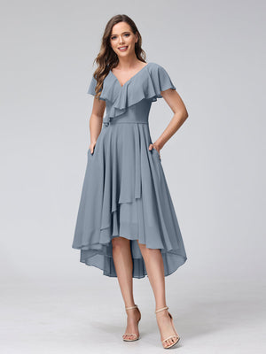 a-line v-neck asymmetrical chiffon cocktail dress ever BRIAR|See-Through 3/4 Sleeves V-Neck A-Line Chiffon Wedding Guest Dress