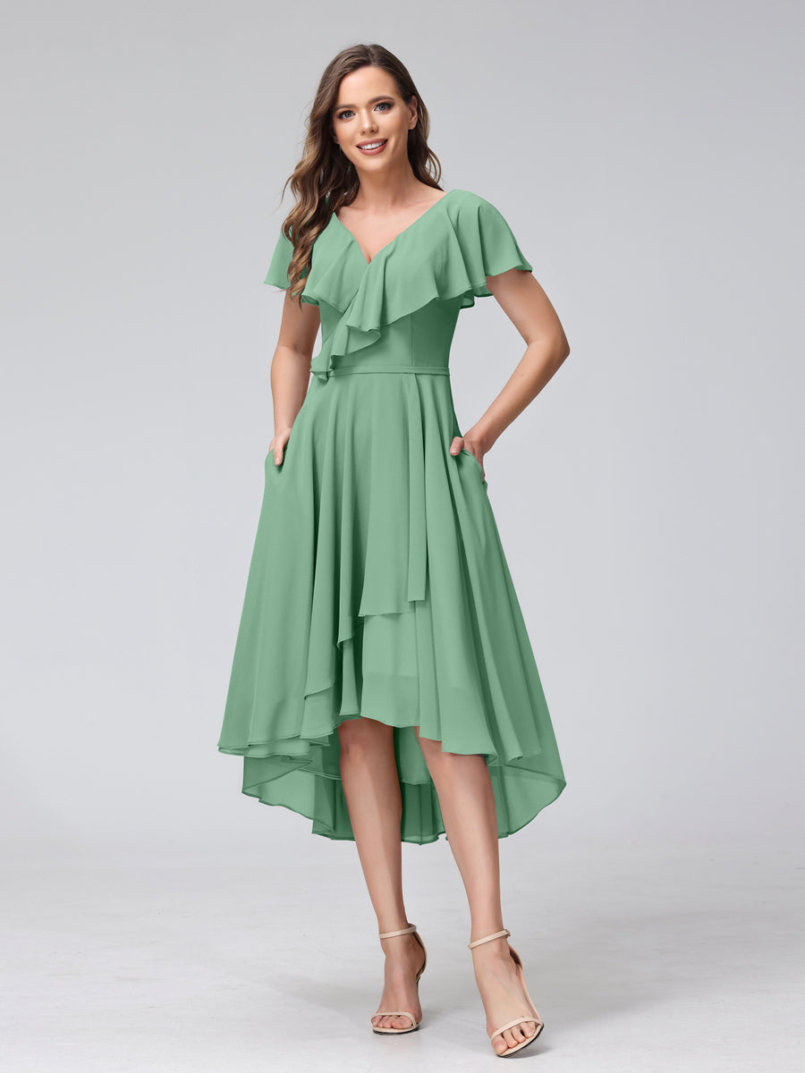 Lavetir Bridesmaid Dresses Eucalyptus A-Line V-Neck Short Sleeves Asymmetrical Chiffon With Pockets 2026