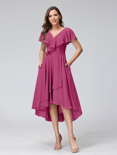 A-Line V-Neck Short Sleeves Asymmetrical Chiffon Bridesmaid Dresses With Pockets