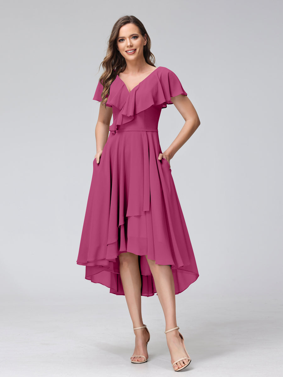 A-Line V-Neck Short Sleeves Asymmetrical Chiffon Bridesmaid Dresses With Pockets