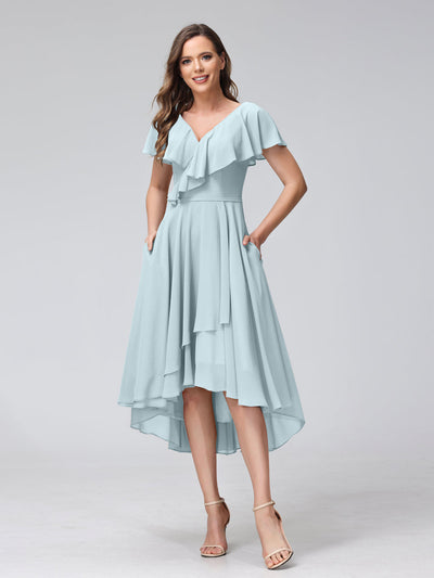 A-Line V-Neck Short Sleeves Asymmetrical Chiffon Bridesmaid Dresses With Pockets