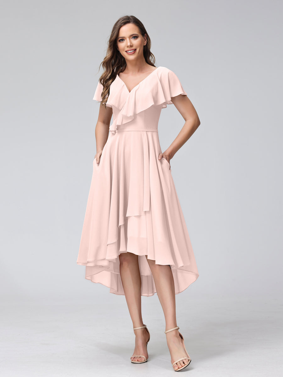 Lavetir Bridesmaid Dresses Light Pink A-Line V-Neck Short Sleeves Asymmetrical Chiffon With Pockets 2026