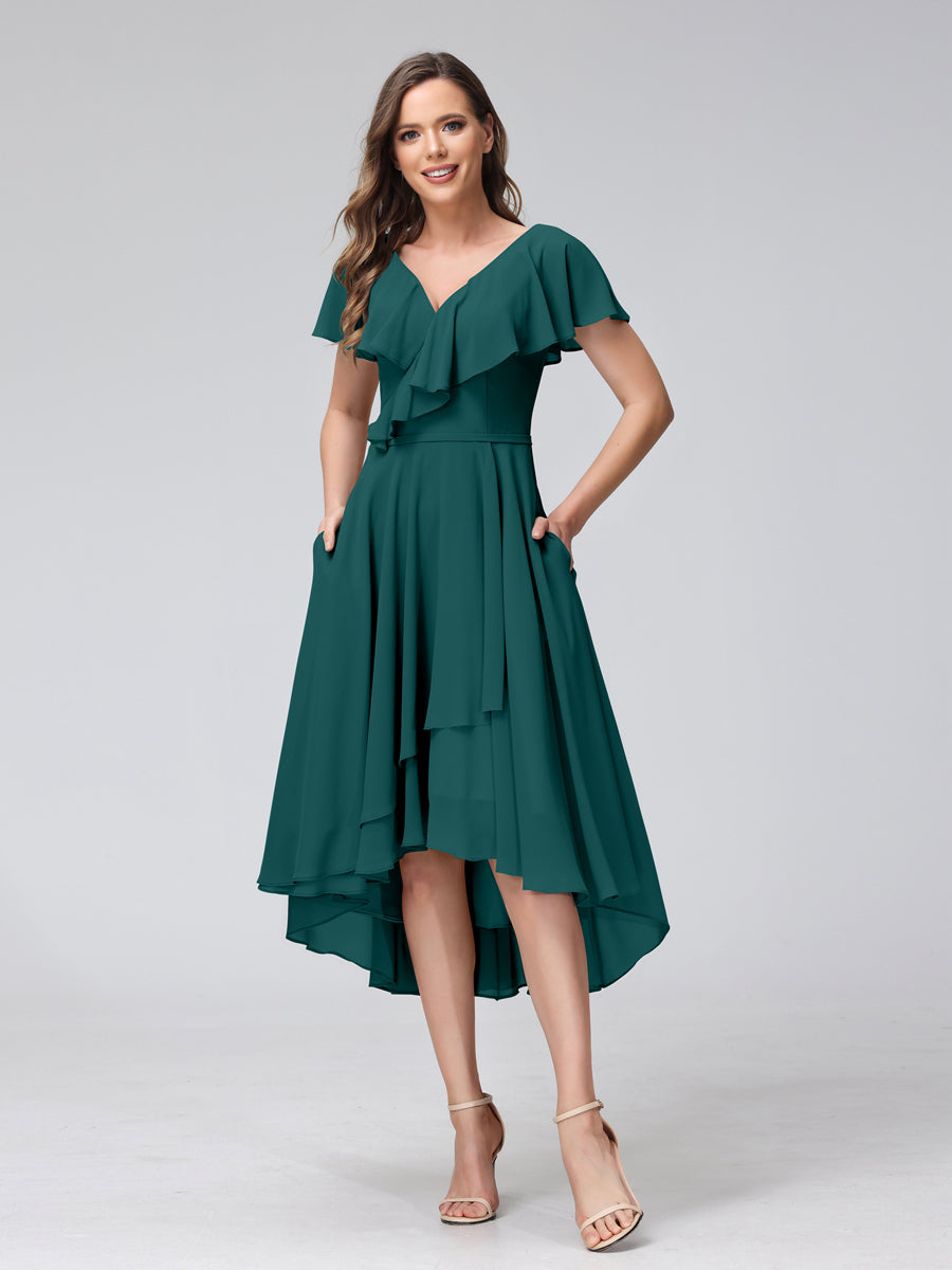 Lavetir High Low Bridesmaid Dresses Peacock A-Line V-Neck Chiffon with Pockets & Short Sleeves 2026