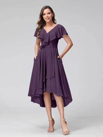 A-Line V-Neck Short Sleeves Asymmetrical Chiffon Bridesmaid Dresses With Pockets