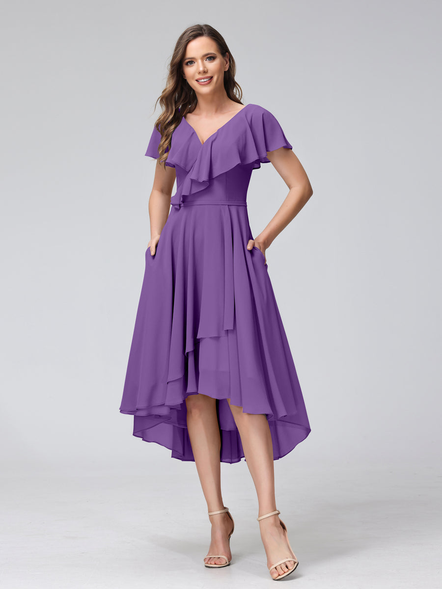 A-Line V-Neck Short Sleeves Asymmetrical Chiffon Bridesmaid Dresses With Pockets