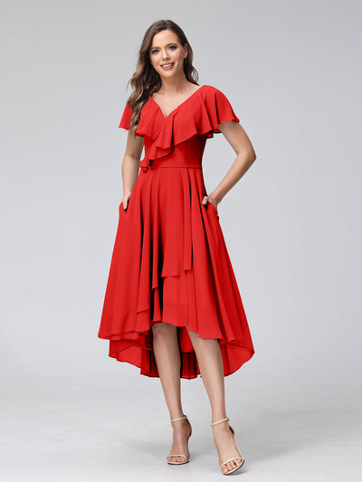 A-Line V-Neck Short Sleeves Asymmetrical Chiffon Bridesmaid Dresses With Pockets