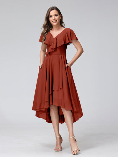 A-Line V-Neck Short Sleeves Asymmetrical Chiffon Bridesmaid Dresses With Pockets