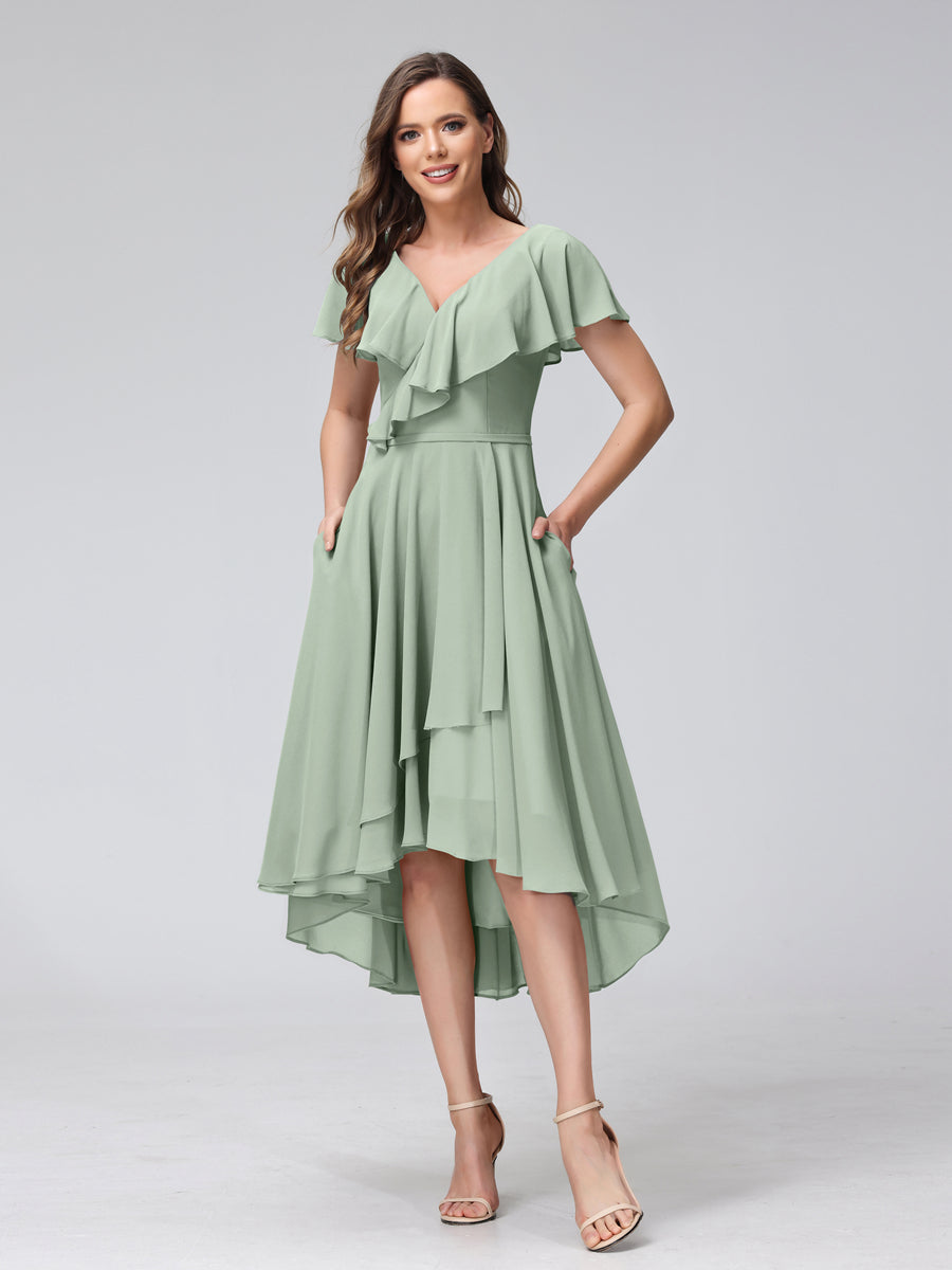 A-Line V-Neck Short Sleeves Asymmetrical Chiffon Bridesmaid Dresses With Pockets