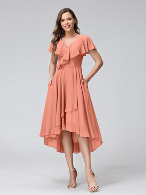 a-line v-neck asymmetrical chiffon bridesmaid dress with ruffle V-Neck Sleeveless A-Line Bridesmaid Dresses With Ruffle Chiffon Regular Straps Asymmetrical BMBRIDAL