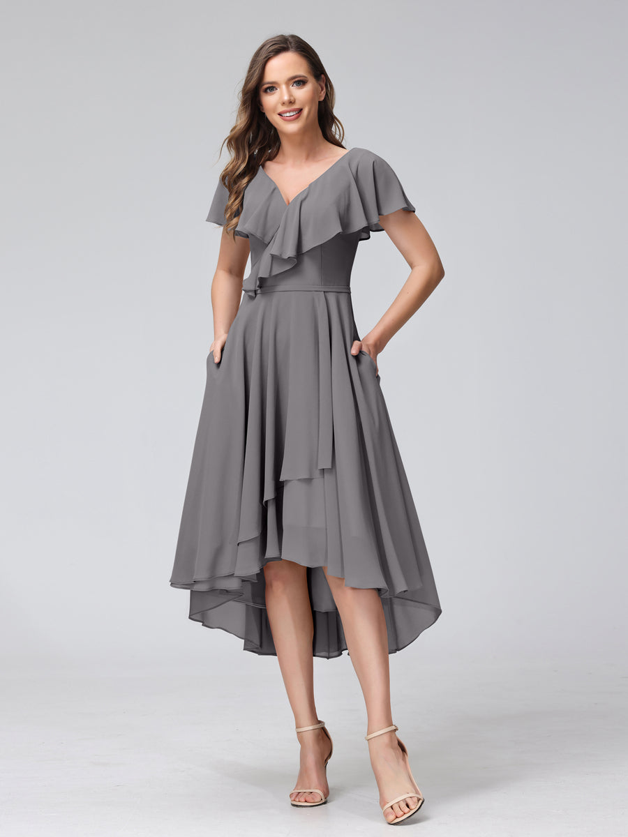 A-Line V-Neck Short Sleeves Asymmetrical Chiffon Bridesmaid Dresses With Pockets