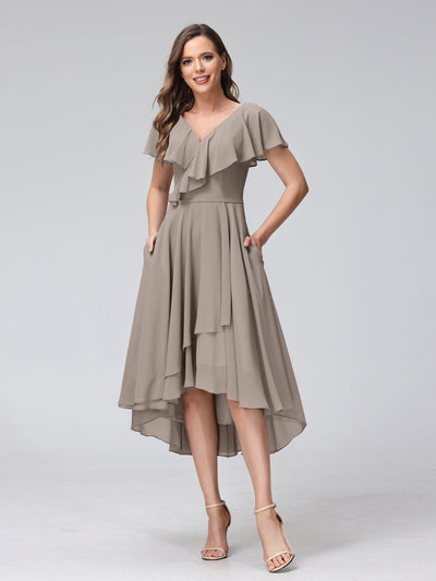 A-Line V-Neck Short Sleeves Asymmetrical Chiffon Bridesmaid Dresses With Pockets