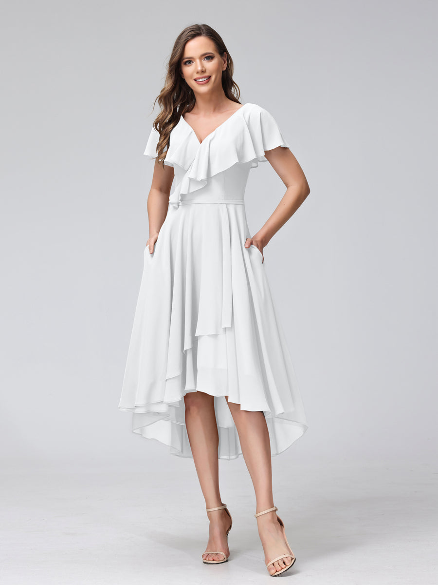 A-Line V-Neck Short Sleeves Asymmetrical Chiffon Bridesmaid Dresses With Pockets